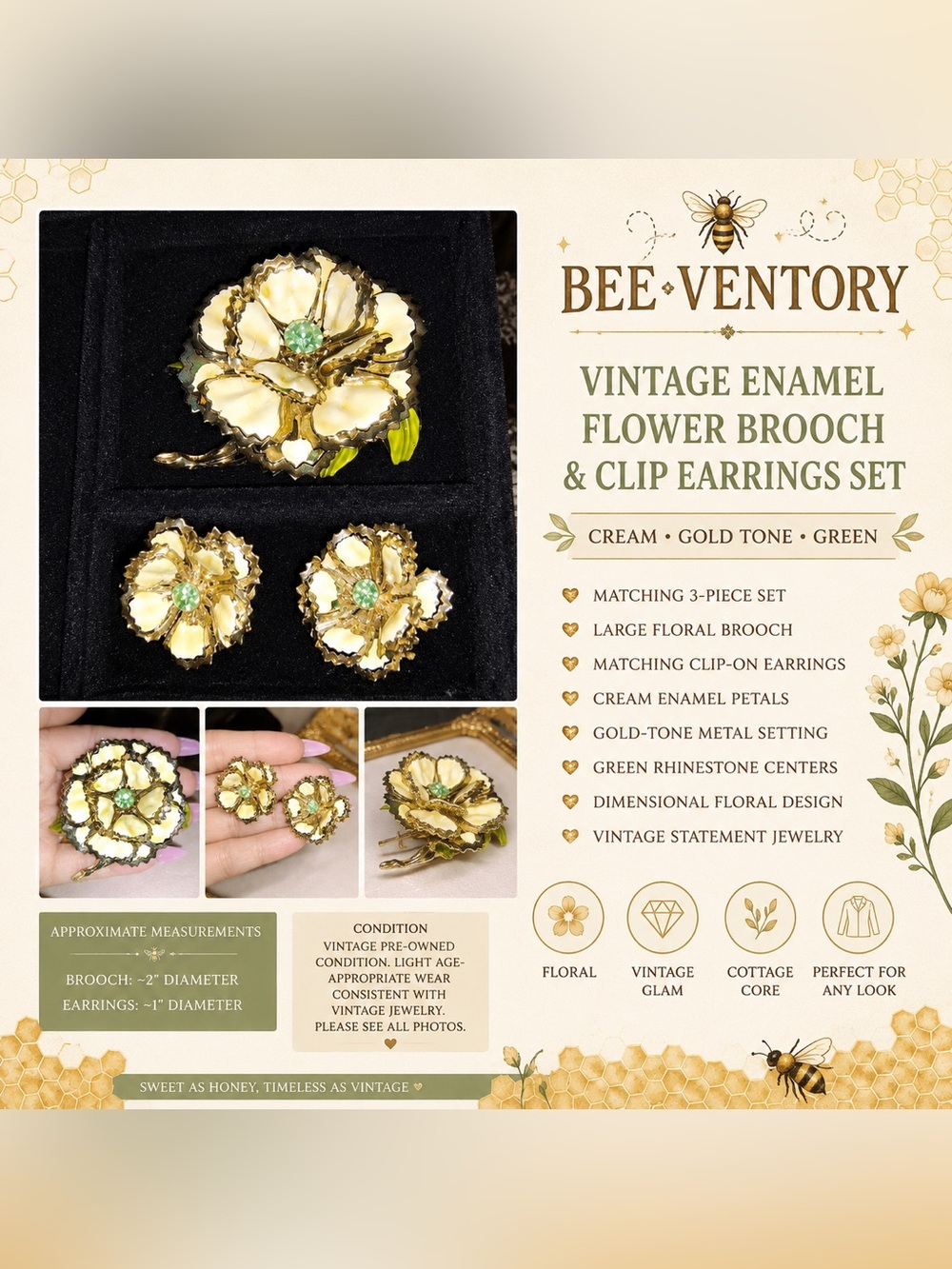 🌼 Vintage Enamel Flower Brooch & Clip Earrings Set 🌼